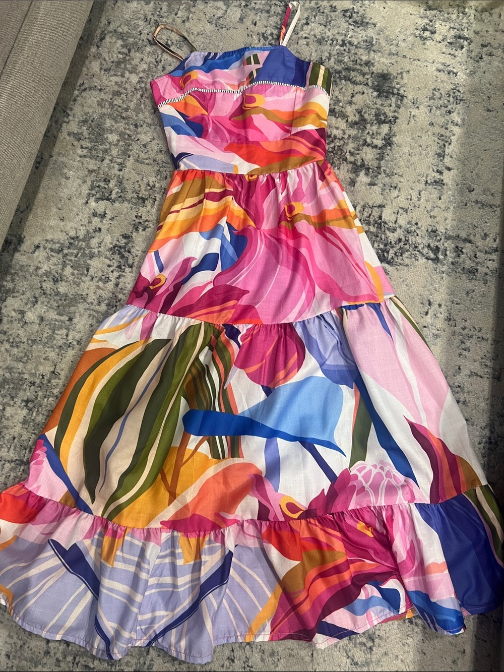 Vibrant Tropical Print Tiered Maxi Dress - Pink Multi